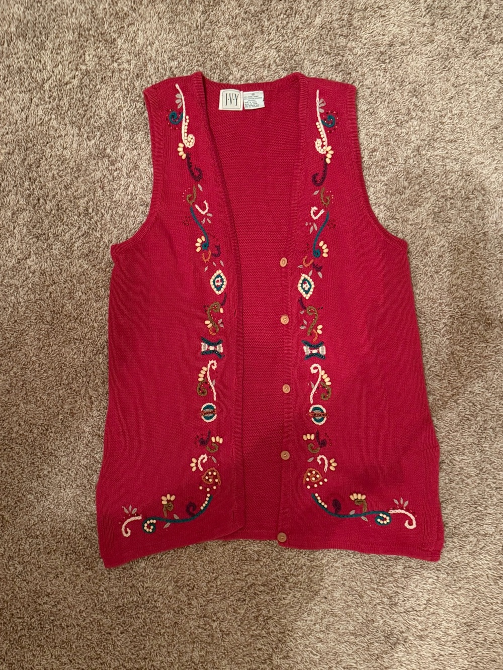 THRIFTED VINTAGE Red Embroidered Button-Up Knit Vest